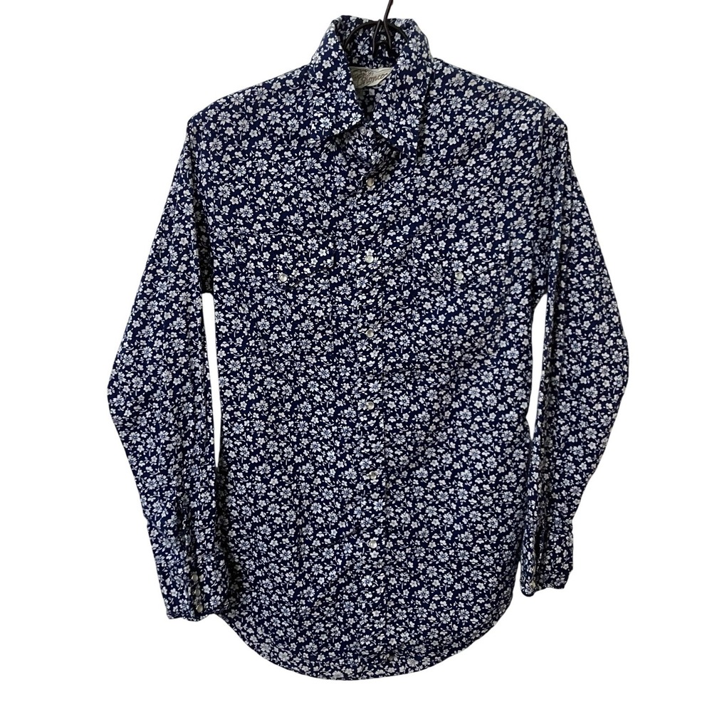 Vintage Bronco Westerns Shirt‎ Mens 14-14.5 Blue Floral Pearl Snap Cowboy Rodeo
